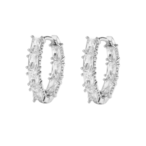 Silver hoop earrings with emerald-cut cubic zirconia in a luxurious mesh hollow design