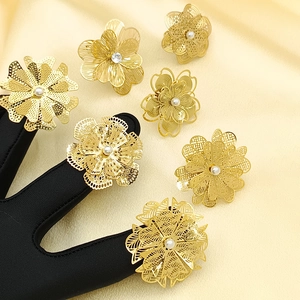 Hollow Flower Statement Ring Stainless Steel Gold Plated Multi Layer Adjustable Open Ring With Artificial Pearl Zircon For Women