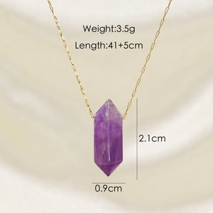 Handcrafted purple crystal hexagonal double point pendant on thin gold plated chain necklace