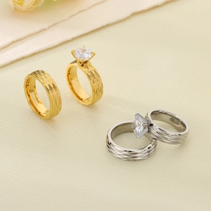 Matching stainless steel wedding ring set with diamond zircon and textured diamond pattern