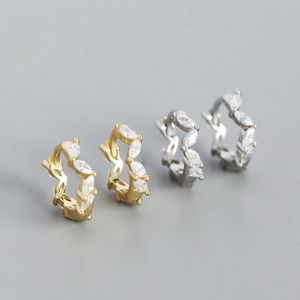 Elegant S925 silver hoop earrings with marquise cubic zirconia leaf design in gold and silver
