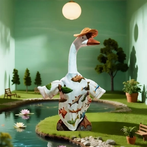 Detail of goose ornament in cowboy outfit featuring brown hat and fish print shirt