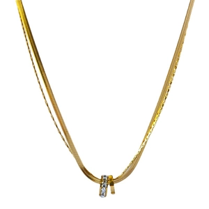 Double-layered gold titanium necklace featuring interlocking rings with white gemstones