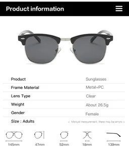 Size guide for vintage clubmaster sunglasses showing frame dimensions and specifications