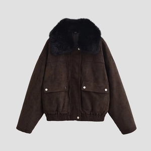 Women Suede Jacket With Faux Fur Collar Vintage Biker Style Short Coat Loose Fit Outerwear Casual Winter Warmth