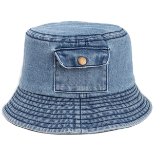 Denim Bucket Hat Women Vintage Washed Cotton Sunshade Fisherman Cap With Small Side Pocket Metal Button Short Brim Streetwear