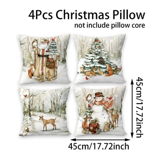 4er-Set Weihnachts-Kissenbezüge 45x45cm mit festlichen Schneemann- und Rentierdrucken