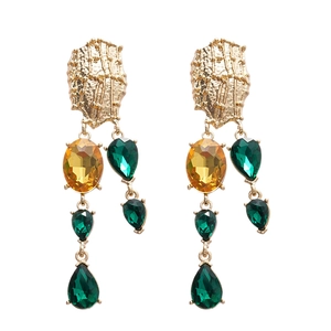 Vintage geometric drop earrings with emerald and amber crystals in gold settings