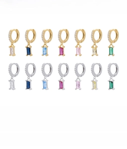 Detailed parameter table showing colorful CZ rectangular pendant earrings in 925 silver