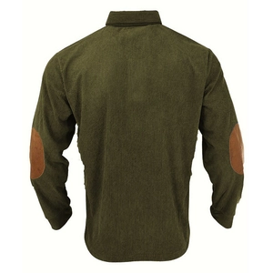 Detail of army green corduroy long sleeve polo shirt with brown elbow patches on back