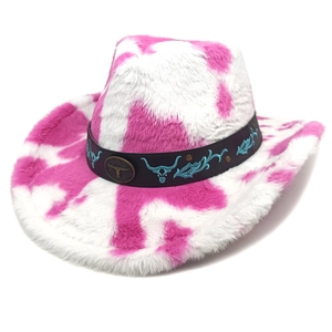 Chapeau de cowboy rose motif vache avec bandeau cuir et emblème de taureau vintage
