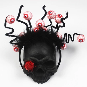 Halloween eyeball headband with red tinsel and spring accents for party costume decor