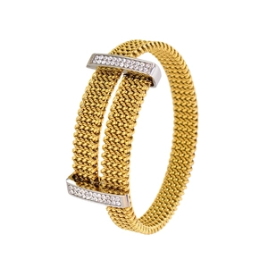 Detail of 18K gold plated mesh bracelet featuring silver bars with crystal inlay