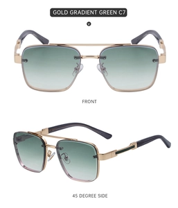 Detail view of gold square frame sunglasses with gradient green lenses and double bridge