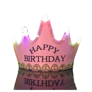 Pink LED glowing birthday crown party hat with gold sequins and Happy Birthday text
