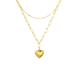 Double-layered gold necklace featuring paperclip chain and polished heart pendant