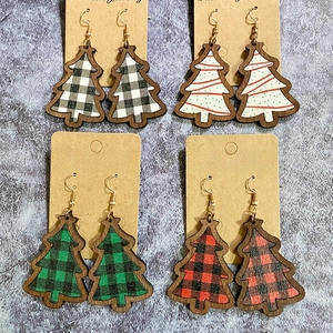 Christmas Tree Dangle Earrings Wood Buffalo Plaid Check Retro Festive Holiday Party Jewelry For Women