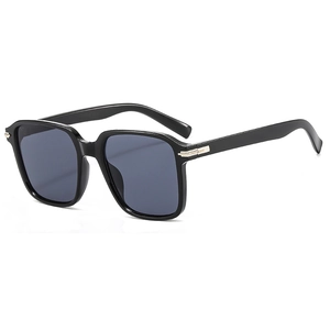 Classic men black square sunglasses with dark grey lenses and metal hinge detail