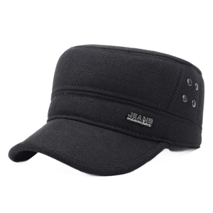 Classic black wool cadet cap for men featuring side metal buckles and warm ear flaps