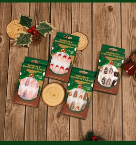 Detailed flat lay of Christmas coffin nails with gingerbread man and snowflake designs