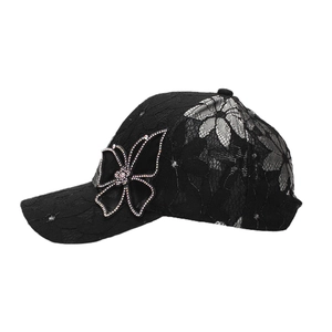 Women's black lace baseball cap featuring a rhinestone butterfly decoration and mesh fabric