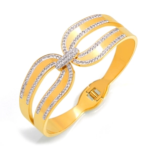 Bracelet jonc croisé en acier inoxydable plaqué or 18 carats avec cristaux brillants