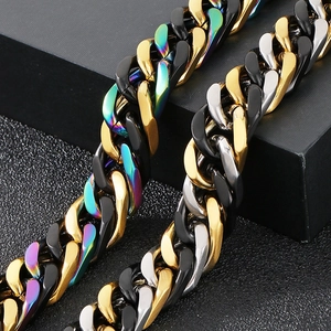 Macro view of industrial Cuban link bracelet with mixed colorful metal plating