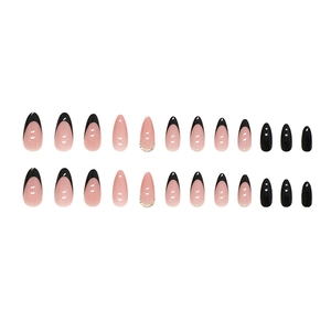 French almond press-on nails set with black tips, pink base and rhinestone accents