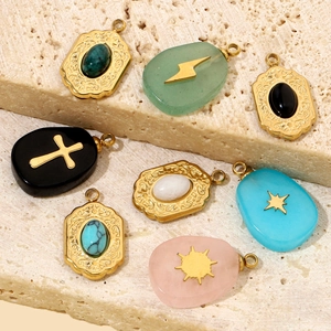 French oval natural stone and stainless steel pendants with cross and star designs