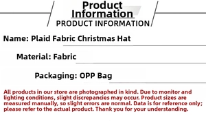 Detailed product information for checkered Christmas hats made of soft fabric in OPP bags