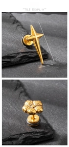Detailed tile display of gold punk stud earrings with size measurements in centimeters