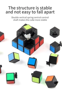 Exploded view of 3x3 puzzle cube showing stable double spring center axis structure