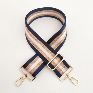 Detail view of 5cm adjustable woven bag strap with blue white and gold stripes