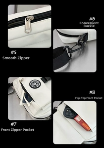 Detail shots of smooth zippers, buckle, and functional pockets on a white canvas crossbody bag