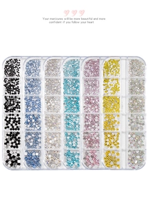 Detail view of 12-grid nail art crystal set with multi-colored glass rhinestones