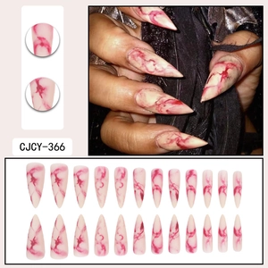 Long stiletto press on nails with red blood marble texture for Halloween gothic style