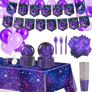 Starry sky themed birthday party supplies set with starry purple tableware and galaxy banner