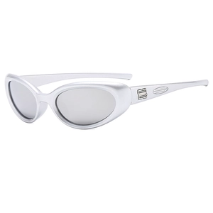 Y2K sporty silver oval sunglasses featuring futuristic metallic frames and side logo