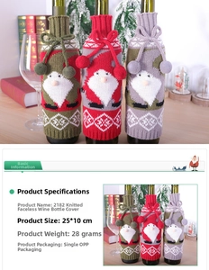 Detail of 25x10cm knitted gnome wine bottle covers in red, green and grey colors
