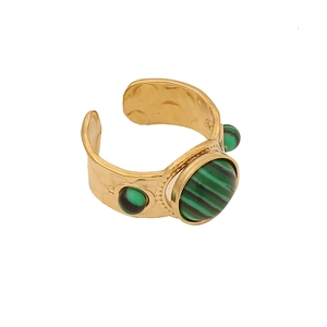 Vintage gold open ring with three green malachite stones and hammered texture finish