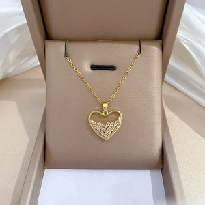 Heart Pendant Necklace Hollow Design Gold Plated Stainless Steel Chain Copper Zirconia Inlaid Jewelry For Women