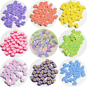 Polymer Clay Heart Shaped Loose Beads Colorful Pattern Diy Jewelry Making Craft Supplies For Bracelets Necklaces