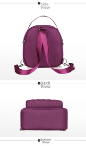 Three-way view of a burgundy nylon mini backpack showing side, back and quilted bottom