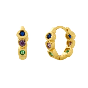 Minimalist gold hoop earrings with multi-colored heart and square zircon inlays