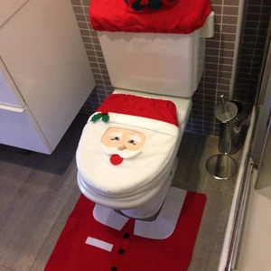 Christmas Santa toilet seat cover set with tank lid and red floor mat for bathroom