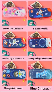 Collection of 3D EVA pencil cases featuring 3D embossed unicorn, astronaut, and dinosaur themes