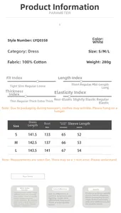 Detailed size chart for white cotton dress showing length, bust, and shoulder measurements