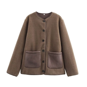 Women Lamb Fleece Jacket Short Single Breasted Faux Leather Pocket Trim Round Neck Solid Brown Casual Winter Outerwear