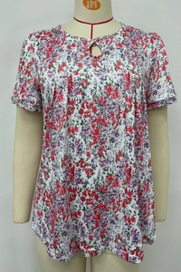 Close-up of teardrop cutout neckline and ruched floral print summer tee