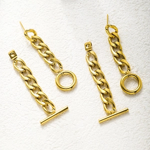 Detail of 18K gold-plated stainless steel chain earrings with OT toggle clasp on white background